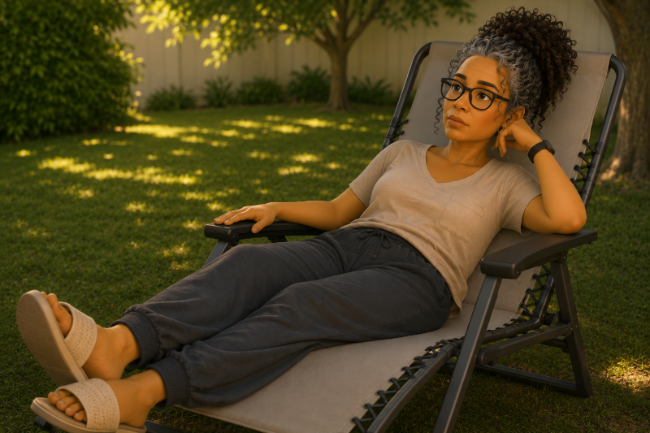 Woman sitting quietly outdoors in warm sunlight looking mentally exhausted while trying to rest