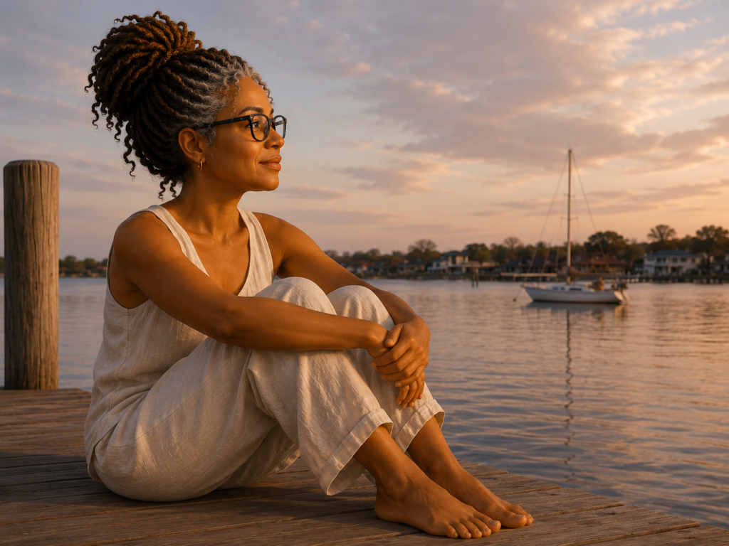 Why I’m Opting Out of Constant Accessibility Editorial 3D illustration of a middle-aged Black woman sitting calmly on a dock at sunset looking across the water toward a sailboat.