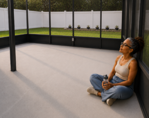 ROE emoji woman sitting cross-legged on an empty screened patio holding a water bottle, quietly reflecting while leaning against the wall in soft afternoon light.