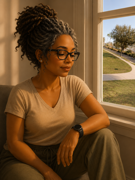 Editorial 3D illustration of a middle-aged Black woman sitting by a window looking toward a curved sidewalk and trees outside.