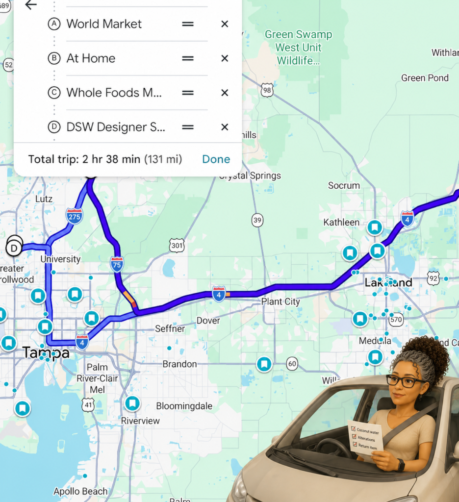 Google Maps route with multiple planned stops across Central Florida and the Neutral ROE character holding an errand list from a car.
