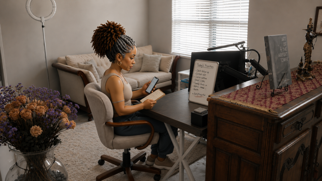 ROE-style 3D woman seated at a home office desk holding a phone and notebook while mentally tracking multiple responsibilities at once. Calm but visibly overloaded expression in a softly lit open workspace with couch, monitors, and written task list nearby.