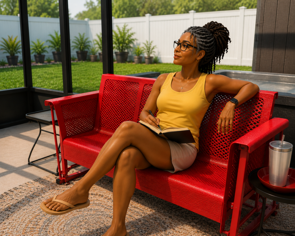 The Neutral ROE editorial character sits relaxed on a bright red patio glider, journaling while looking out at a sunny backyard garden, symbolizing choosing rest, protecting personal peace, and slowing down on her own terms.
