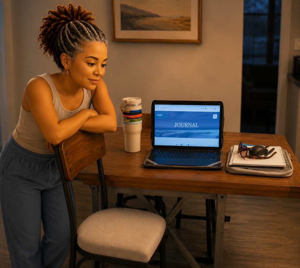 ROE-style editorial emoji character leaning across the back of a dining chair beside a laptop and notebook, reflecting on perfectionism, emotional release, and finally starting before everything feels perfect.