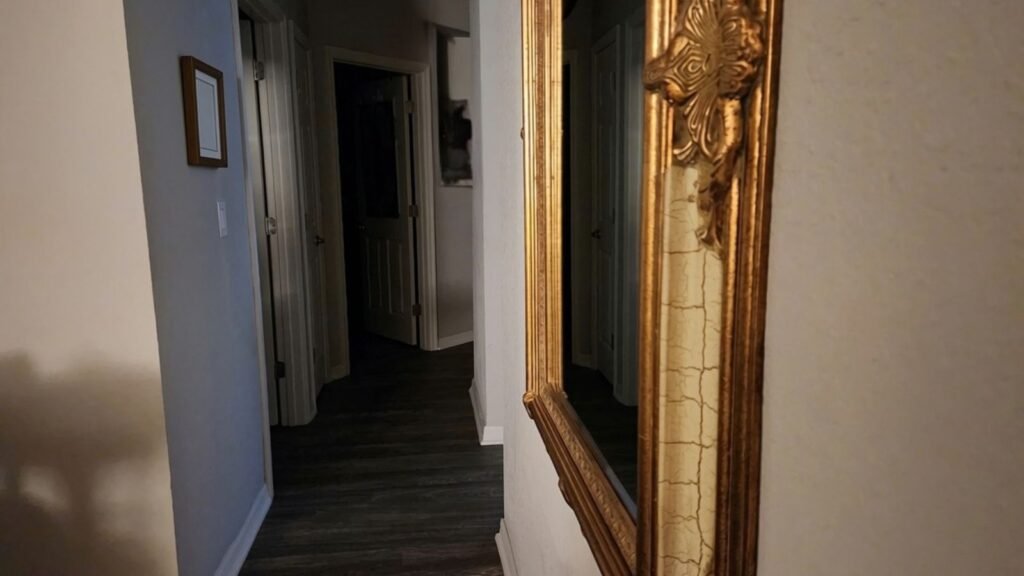 Quiet hallway inside my home, with dark wood floors, white doors, and a gold-framed mirror.